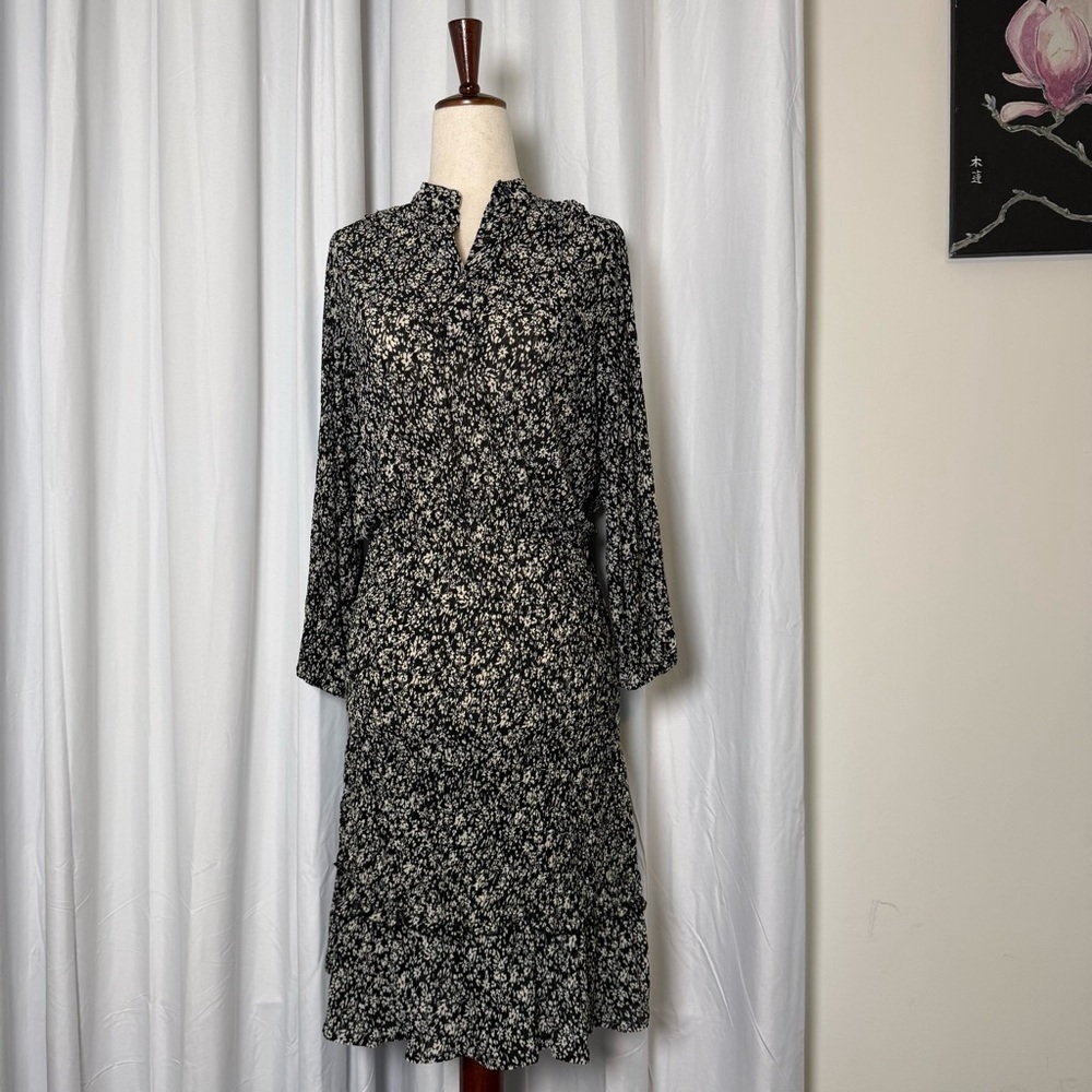 MNG Mango Rita Floral Dress Women’s Medium Black White Smocked Long Sleeve NWT